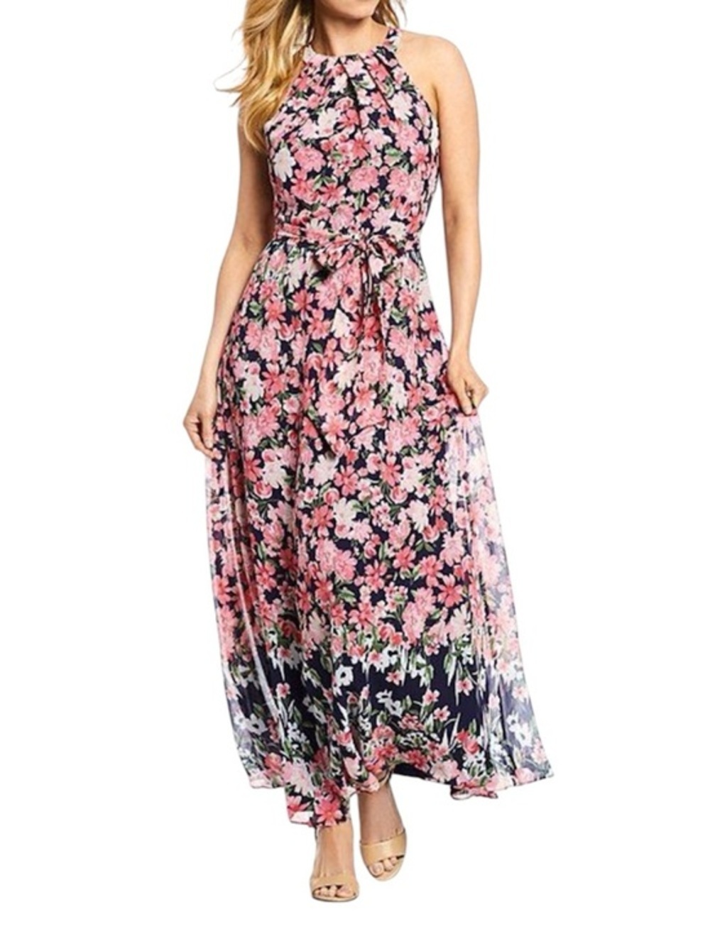 Leslie Fay Pink Floral Maxi Dress Halter Neck